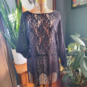 NWOT FREE PEOPLE FRINGE & LACE SHEER  BOHO TOP